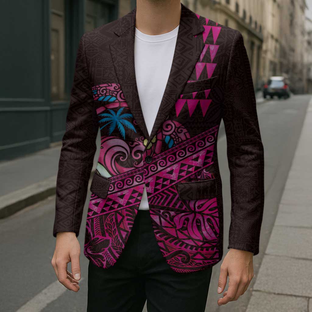 Hawaiian Abstract Sea Turtle Blazer Polynesian Tapa Art and Kakau Tattoo Pink WaterColor - Polynesian Pride