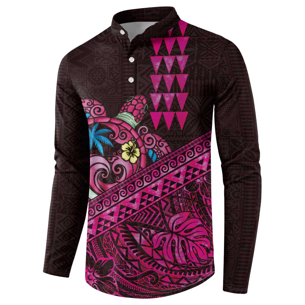 Hawaiian Abstract Sea Turtle Button Sweatshirt Polynesian Tapa Art and Kakau Tattoo Pink WaterColor - Polynesian Pride