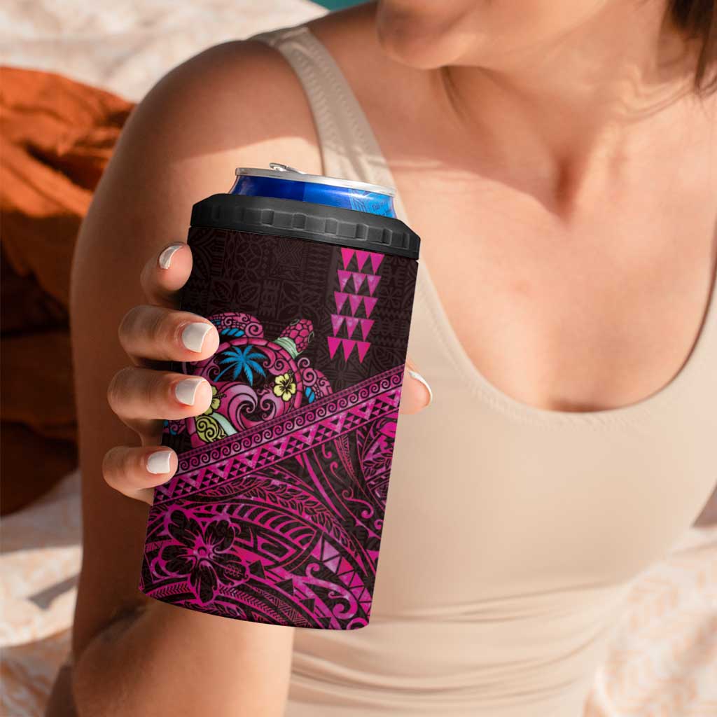 Hawaiian Abstract Sea Turtle 4 in 1 Can Cooler Tumbler Polynesian Tapa Art and Kakau Tattoo Pink WaterColor LT03 - Polynesian Pride