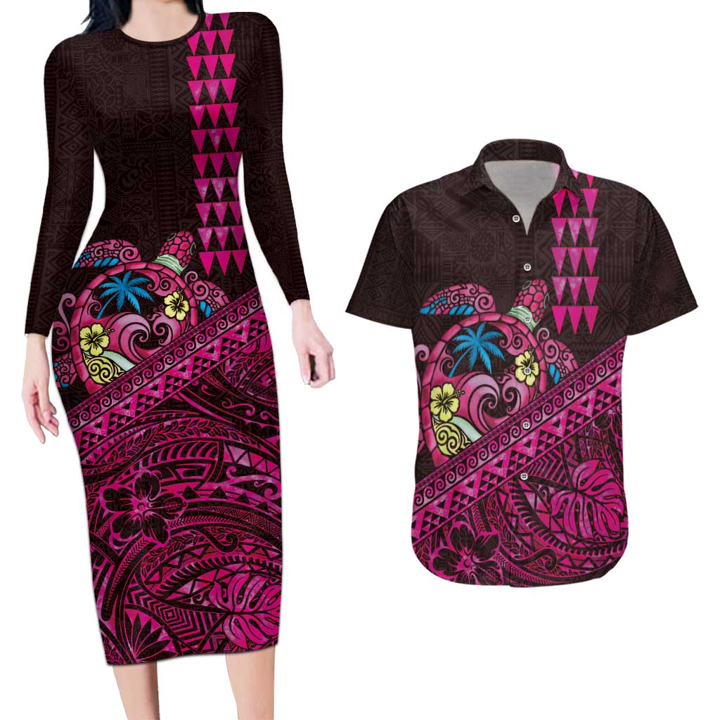 Hawaiian Abstract Sea Turtle Couples Matching Long Sleeve Bodycon Dress and Hawaiian Shirt Polynesian Tapa Art and Kakau Tattoo Pink WaterColor LT03 Black - Polynesian Pride