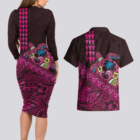 Hawaiian Abstract Sea Turtle Couples Matching Long Sleeve Bodycon Dress and Hawaiian Shirt Polynesian Tapa Art and Kakau Tattoo Pink WaterColor LT03 - Polynesian Pride
