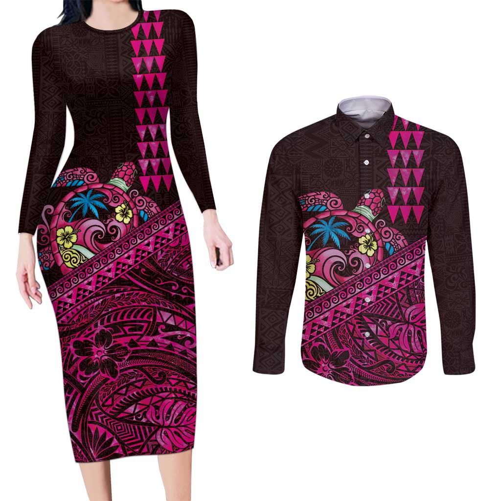 Hawaiian Abstract Sea Turtle Couples Matching Long Sleeve Bodycon Dress and Long Sleeve Button Shirt Polynesian Tapa Art and Kakau Tattoo Pink WaterColor LT03 Black - Polynesian Pride