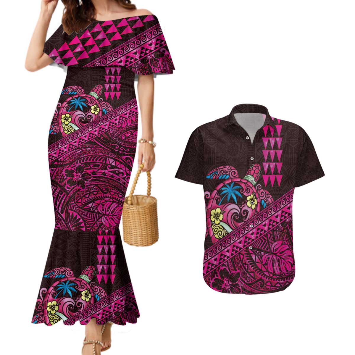 Hawaiian Abstract Sea Turtle Couples Matching Mermaid Dress and Hawaiian Shirt Polynesian Tapa Art and Kakau Tattoo Pink WaterColor - Polynesian Pride