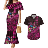 Hawaiian Abstract Sea Turtle Couples Matching Mermaid Dress and Hawaiian Shirt Polynesian Tapa Art and Kakau Tattoo Pink WaterColor LT03 Black - Polynesian Pride