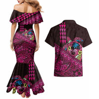 Hawaiian Abstract Sea Turtle Couples Matching Mermaid Dress and Hawaiian Shirt Polynesian Tapa Art and Kakau Tattoo Pink WaterColor LT03 - Polynesian Pride