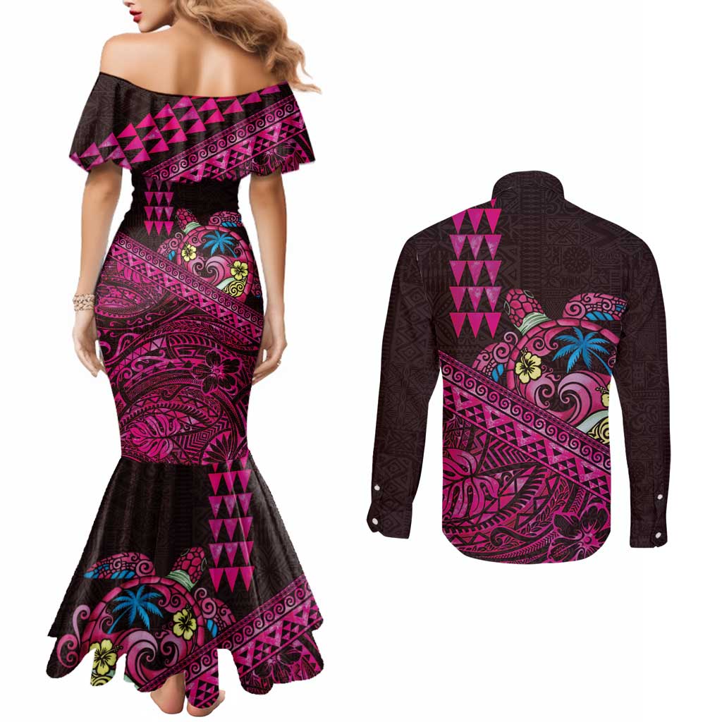Hawaiian Abstract Sea Turtle Couples Matching Mermaid Dress and Long Sleeve Button Shirt Polynesian Tapa Art and Kakau Tattoo Pink WaterColor LT03 - Polynesian Pride