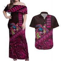 Hawaiian Abstract Sea Turtle Couples Matching Off Shoulder Maxi Dress and Hawaiian Shirt Polynesian Tapa Art and Kakau Tattoo Pink WaterColor LT03 Black - Polynesian Pride
