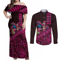 Hawaiian Abstract Sea Turtle Couples Matching Off Shoulder Maxi Dress and Long Sleeve Button Shirt Polynesian Tapa Art and Kakau Tattoo Pink WaterColor LT03 Black - Polynesian Pride