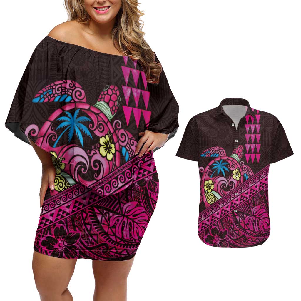 Hawaiian Abstract Sea Turtle Couples Matching Off Shoulder Short Dress and Hawaiian Shirt Polynesian Tapa Art and Kakau Tattoo Pink WaterColor LT03 Black - Polynesian Pride