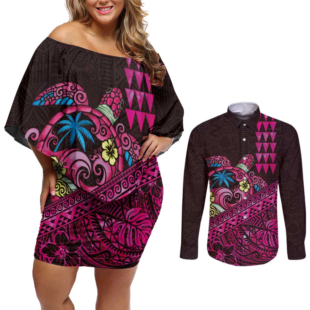 Hawaiian Abstract Sea Turtle Couples Matching Off Shoulder Short Dress and Long Sleeve Button Shirt Polynesian Tapa Art and Kakau Tattoo Pink WaterColor LT03 Black - Polynesian Pride