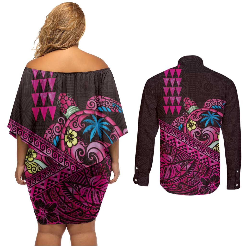 Hawaiian Abstract Sea Turtle Couples Matching Off Shoulder Short Dress and Long Sleeve Button Shirt Polynesian Tapa Art and Kakau Tattoo Pink WaterColor LT03 - Polynesian Pride
