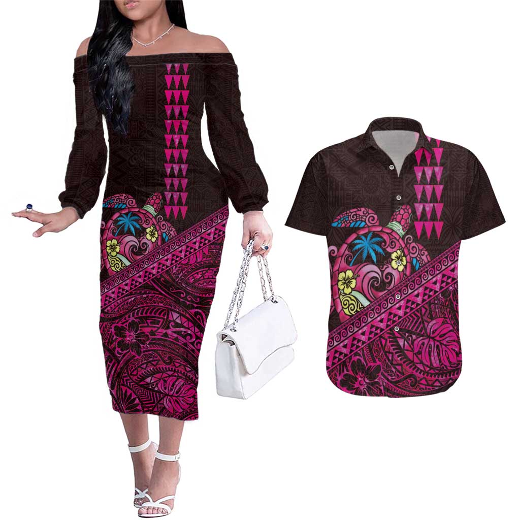 Hawaiian Abstract Sea Turtle Couples Matching Off The Shoulder Long Sleeve Dress and Hawaiian Shirt Polynesian Tapa Art and Kakau Tattoo Pink WaterColor LT03 Black - Polynesian Pride