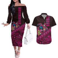 Hawaiian Abstract Sea Turtle Couples Matching Off The Shoulder Long Sleeve Dress and Hawaiian Shirt Polynesian Tapa Art and Kakau Tattoo Pink WaterColor LT03 Black - Polynesian Pride