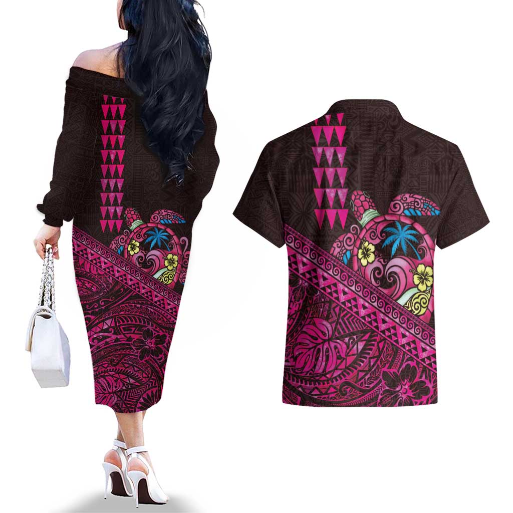 Hawaiian Abstract Sea Turtle Couples Matching Off The Shoulder Long Sleeve Dress and Hawaiian Shirt Polynesian Tapa Art and Kakau Tattoo Pink WaterColor LT03 - Polynesian Pride