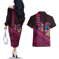 Hawaiian Abstract Sea Turtle Couples Matching Off The Shoulder Long Sleeve Dress and Hawaiian Shirt Polynesian Tapa Art and Kakau Tattoo Pink WaterColor LT03 - Polynesian Pride