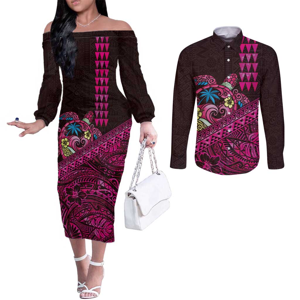 Hawaiian Abstract Sea Turtle Couples Matching Off The Shoulder Long Sleeve Dress and Long Sleeve Button Shirt Polynesian Tapa Art and Kakau Tattoo Pink WaterColor - Polynesian Pride