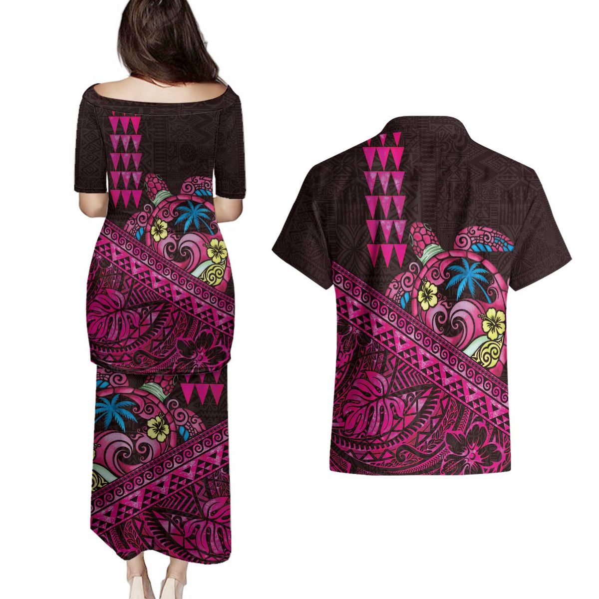 Hawaiian Abstract Sea Turtle Couples Matching Puletasi and Hawaiian Shirt Polynesian Tapa Art and Kakau Tattoo Pink WaterColor LT03 - Polynesian Pride