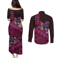 Hawaiian Abstract Sea Turtle Couples Matching Puletasi and Long Sleeve Button Shirt Polynesian Tapa Art and Kakau Tattoo Pink WaterColor LT03 - Polynesian Pride
