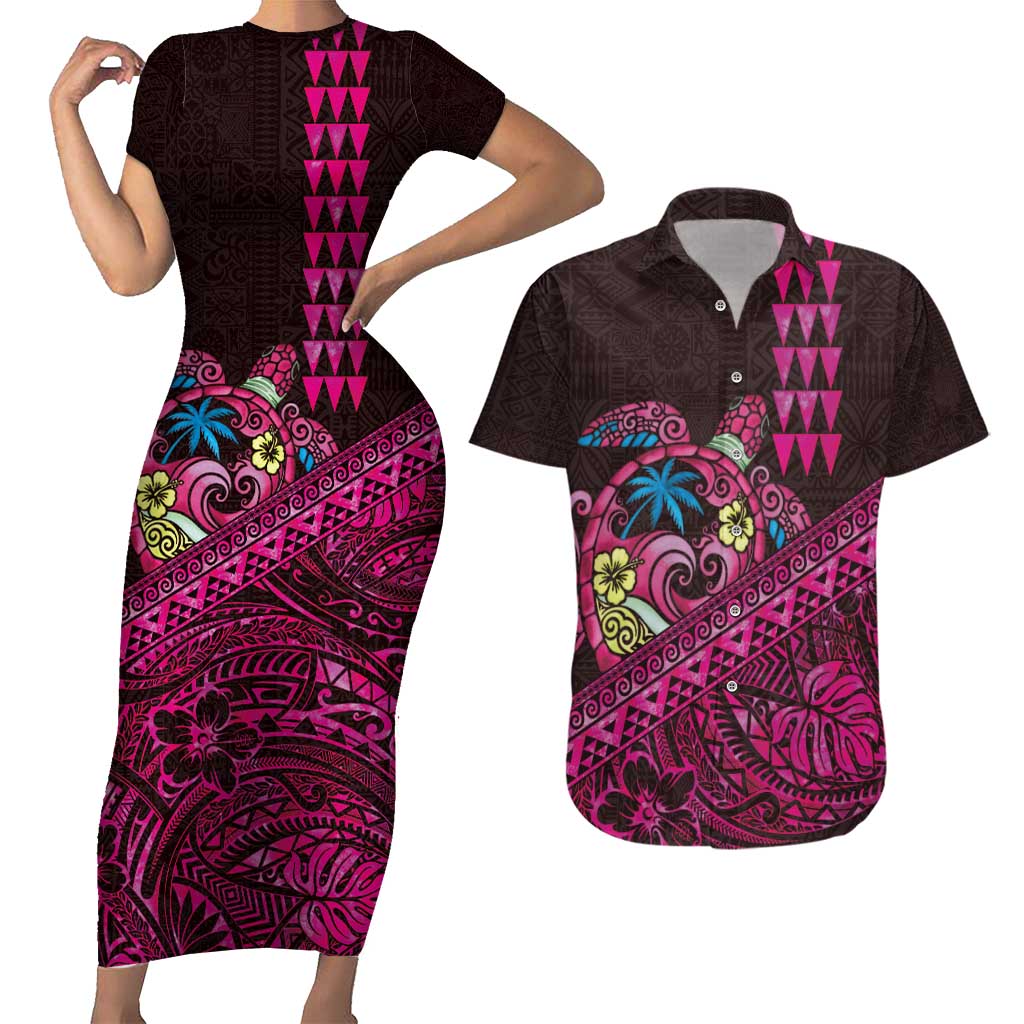 Hawaiian Abstract Sea Turtle Couples Matching Short Sleeve Bodycon Dress and Hawaiian Shirt Polynesian Tapa Art and Kakau Tattoo Pink WaterColor LT03 Black - Polynesian Pride