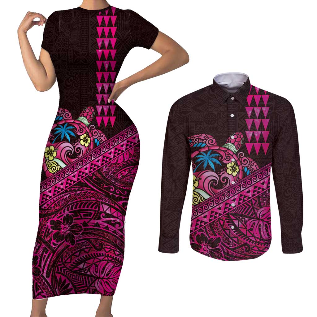 Hawaiian Abstract Sea Turtle Couples Matching Short Sleeve Bodycon Dress and Long Sleeve Button Shirt Polynesian Tapa Art and Kakau Tattoo Pink WaterColor LT03 Black - Polynesian Pride