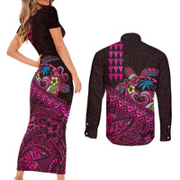 Hawaiian Abstract Sea Turtle Couples Matching Short Sleeve Bodycon Dress and Long Sleeve Button Shirt Polynesian Tapa Art and Kakau Tattoo Pink WaterColor LT03 - Polynesian Pride