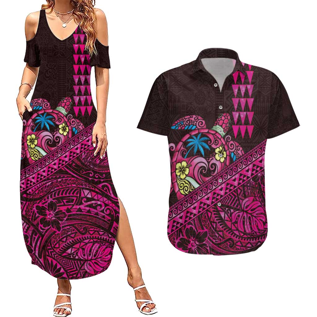 Hawaiian Abstract Sea Turtle Couples Matching Summer Maxi Dress and Hawaiian Shirt Polynesian Tapa Art and Kakau Tattoo Pink WaterColor LT03 Black - Polynesian Pride