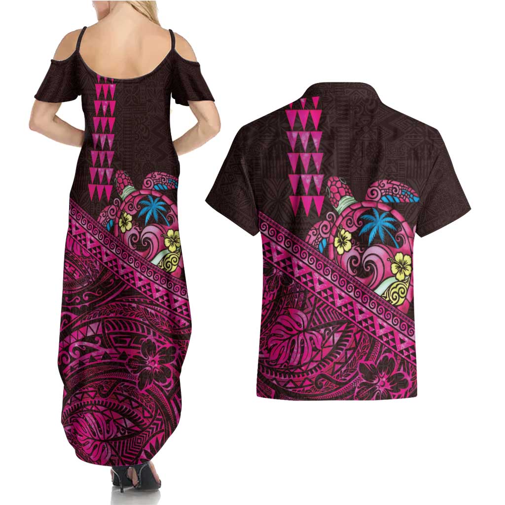 Hawaiian Abstract Sea Turtle Couples Matching Summer Maxi Dress and Hawaiian Shirt Polynesian Tapa Art and Kakau Tattoo Pink WaterColor LT03 - Polynesian Pride