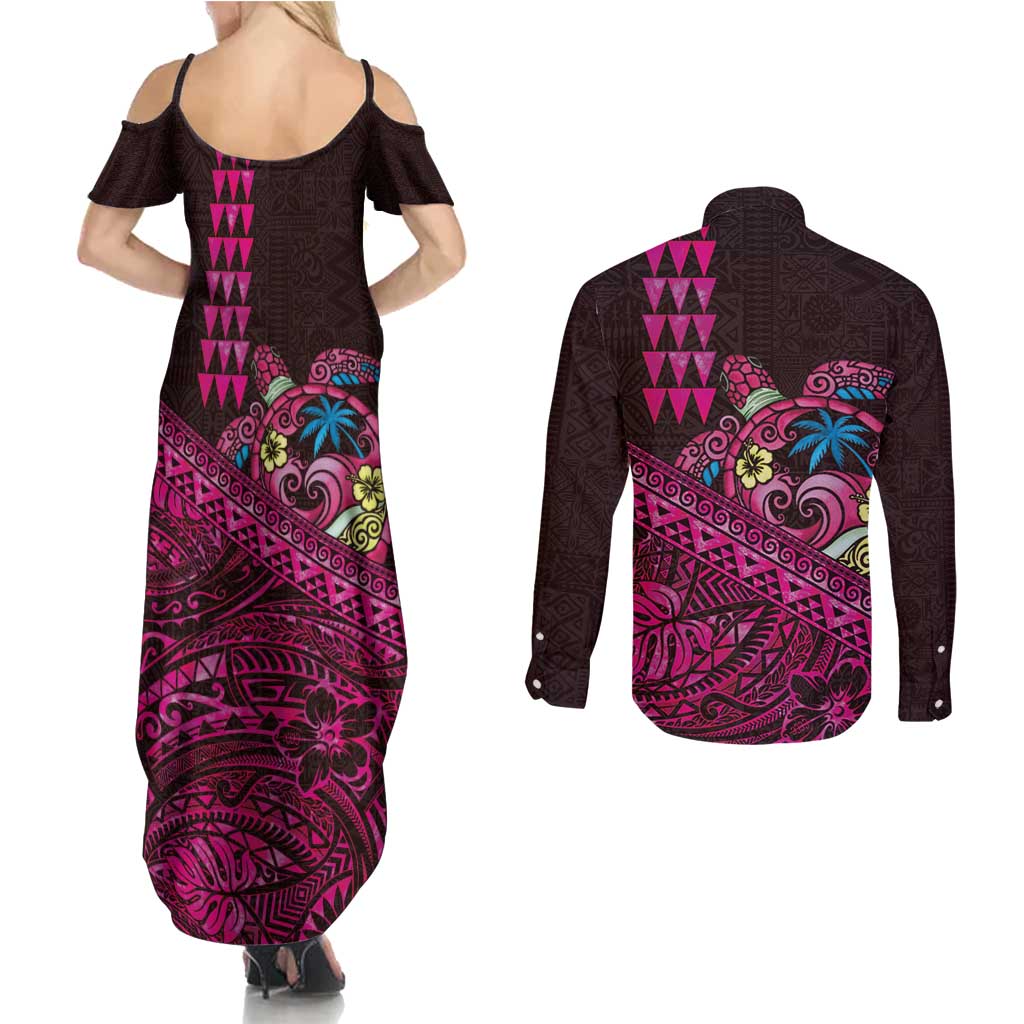 Hawaiian Abstract Sea Turtle Couples Matching Summer Maxi Dress and Long Sleeve Button Shirt Polynesian Tapa Art and Kakau Tattoo Pink WaterColor LT03 - Polynesian Pride