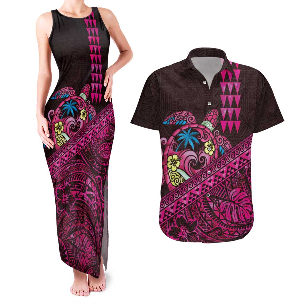 Hawaiian Abstract Sea Turtle Couples Matching Tank Maxi Dress and Hawaiian Shirt Polynesian Tapa Art and Kakau Tattoo Pink WaterColor LT03 Black - Polynesian Pride