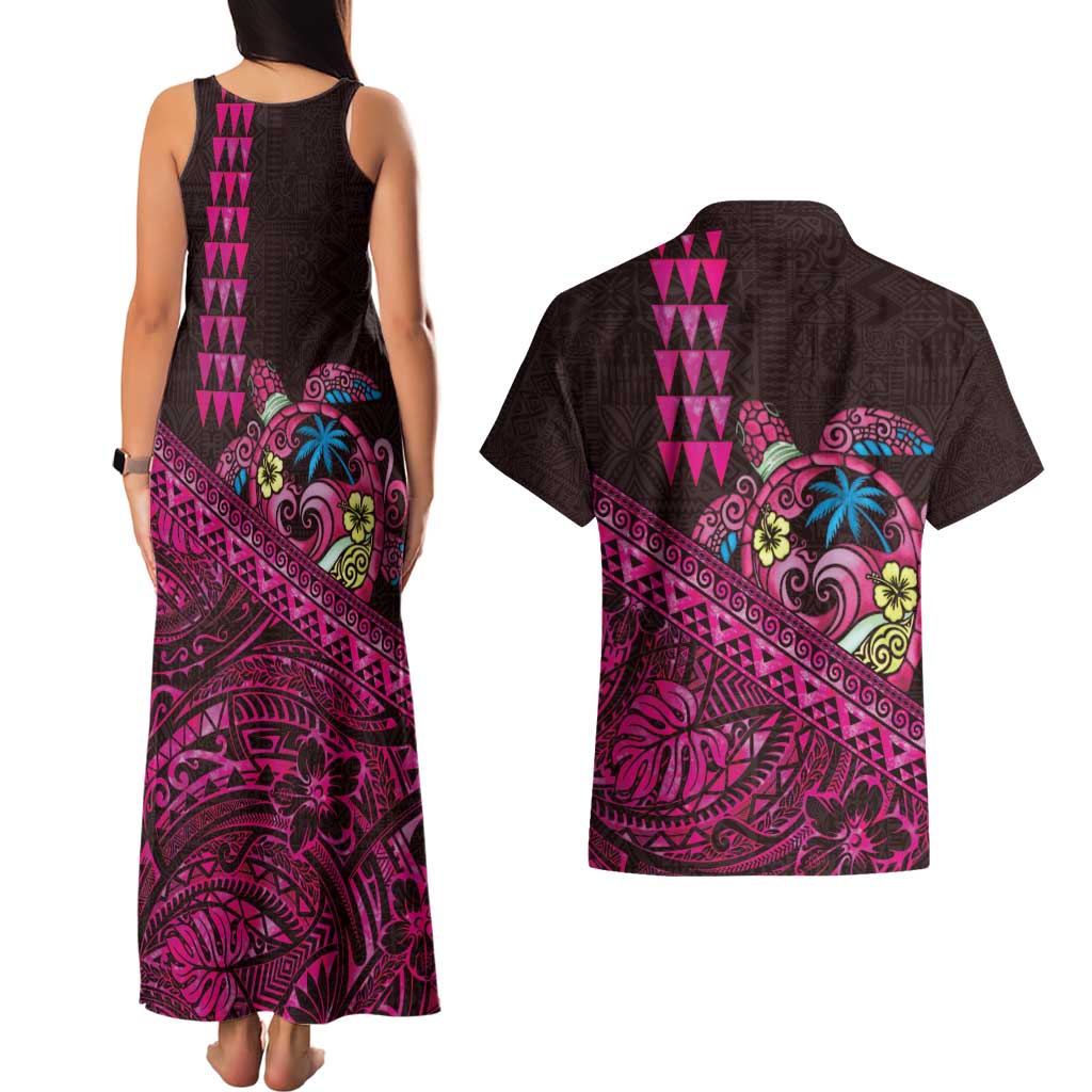 Hawaiian Abstract Sea Turtle Couples Matching Tank Maxi Dress and Hawaiian Shirt Polynesian Tapa Art and Kakau Tattoo Pink WaterColor LT03 - Polynesian Pride