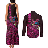 Hawaiian Abstract Sea Turtle Couples Matching Tank Maxi Dress and Long Sleeve Button Shirt Polynesian Tapa Art and Kakau Tattoo Pink WaterColor LT03 - Polynesian Pride