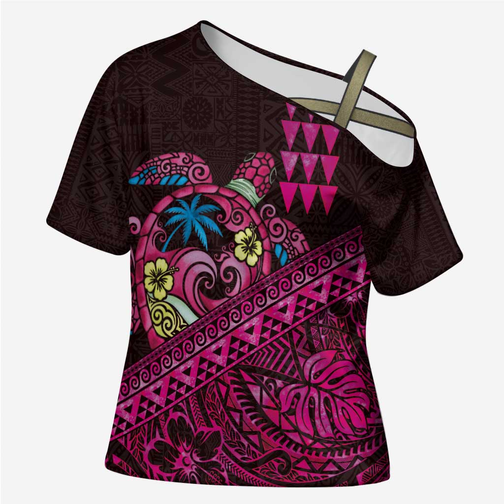 Hawaiian Abstract Sea Turtle Cross Shoulder Shirt Polynesian Tapa Art and Kakau Tattoo Pink WaterColor - Polynesian Pride