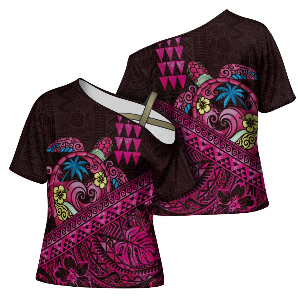 Hawaiian Abstract Sea Turtle Cross Shoulder Shirt Polynesian Tapa Art and Kakau Tattoo Pink WaterColor - Polynesian Pride