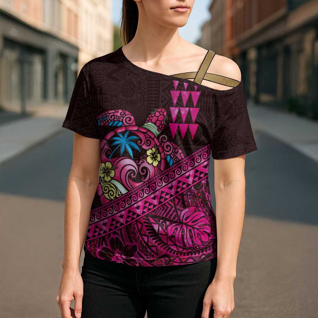 Hawaiian Abstract Sea Turtle Cross Shoulder Shirt Polynesian Tapa Art and Kakau Tattoo Pink WaterColor - Polynesian Pride