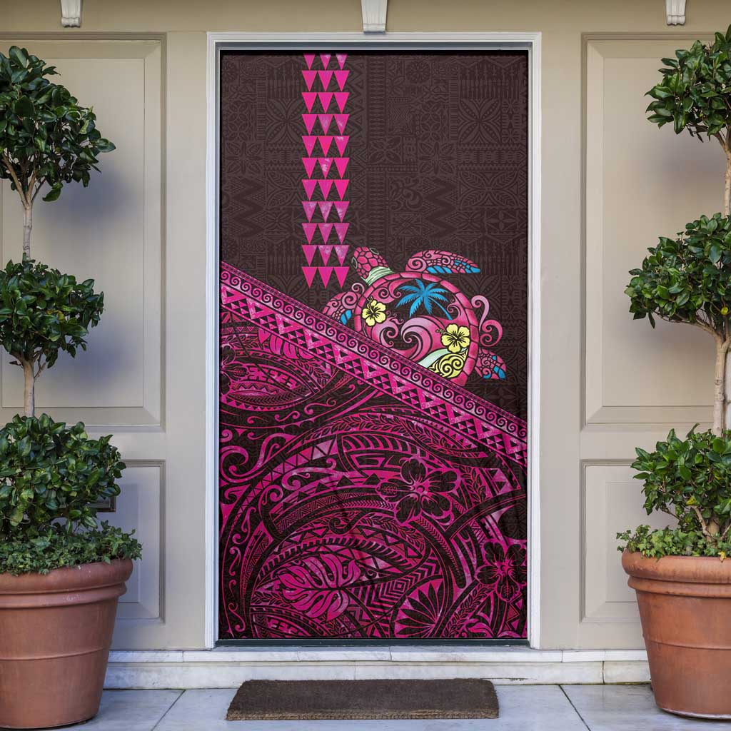 Hawaiian Abstract Sea Turtle Door Cover Polynesian Tapa Art and Kakau Tattoo Pink WaterColor LT03 Black - Polynesian Pride