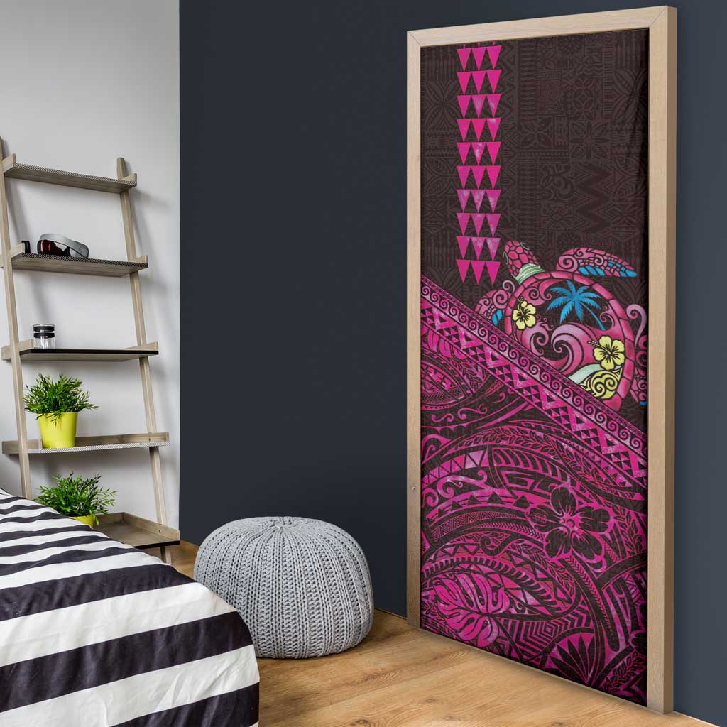 Hawaiian Abstract Sea Turtle Door Cover Polynesian Tapa Art and Kakau Tattoo Pink WaterColor LT03 - Polynesian Pride