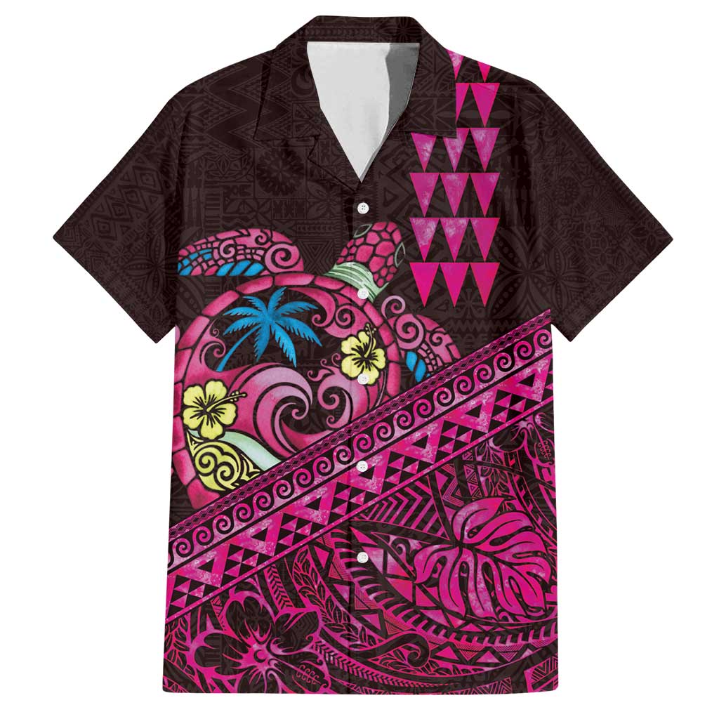 Hawaiian Abstract Sea Turtle Family Matching Long Sleeve Bodycon Dress and Hawaiian Shirt Polynesian Tapa Art and Kakau Tattoo Pink WaterColor LT03 Dad's Shirt - Short Sleeve Black - Polynesian Pride