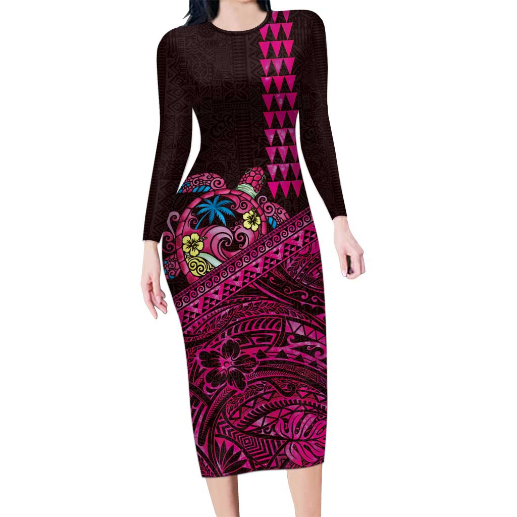 Hawaiian Abstract Sea Turtle Family Matching Long Sleeve Bodycon Dress and Hawaiian Shirt Polynesian Tapa Art and Kakau Tattoo Pink WaterColor LT03 Mom's Dress Black - Polynesian Pride