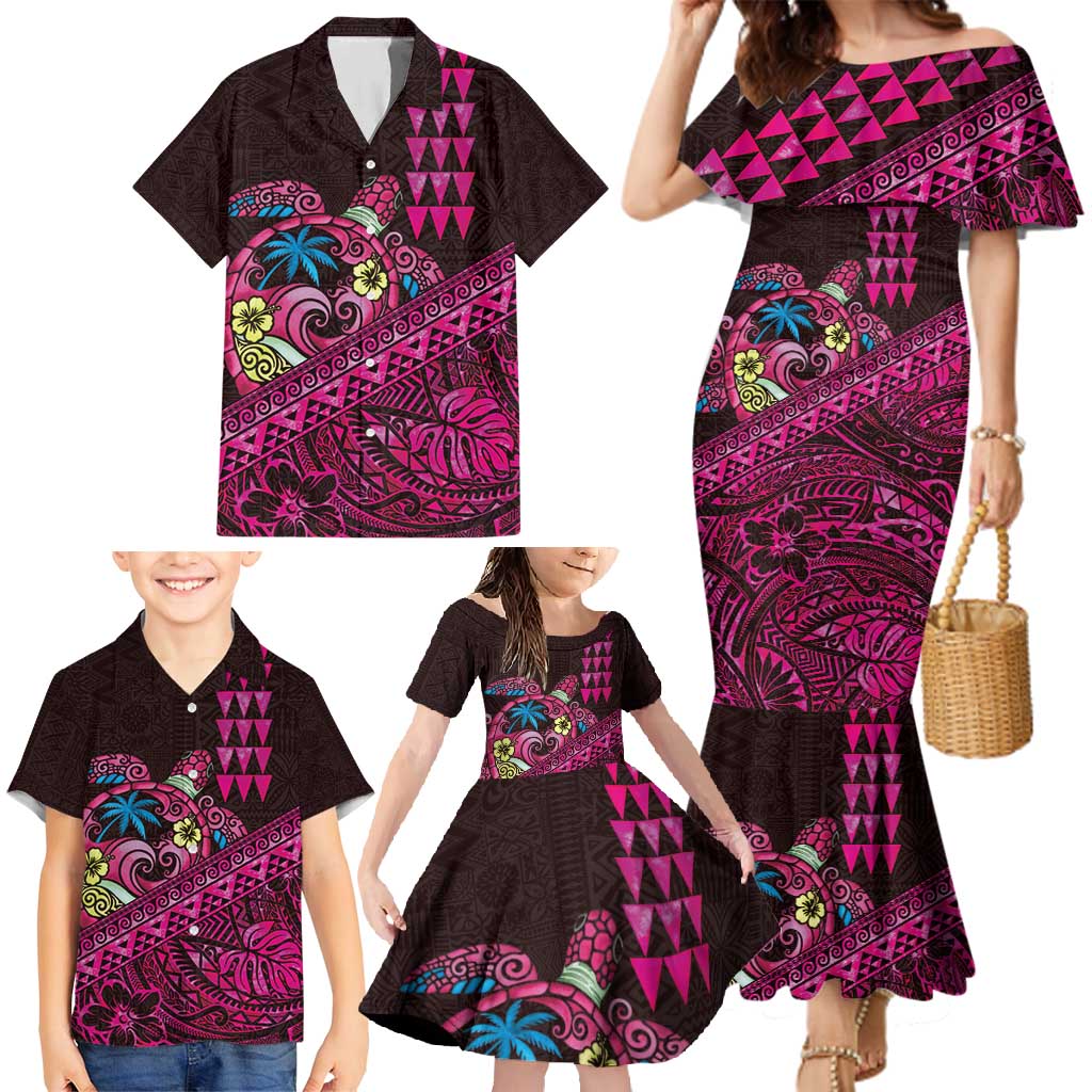 Hawaiian Abstract Sea Turtle Family Matching Mermaid Dress and Hawaiian Shirt Polynesian Tapa Art and Kakau Tattoo Pink WaterColor LT03 - Polynesian Pride
