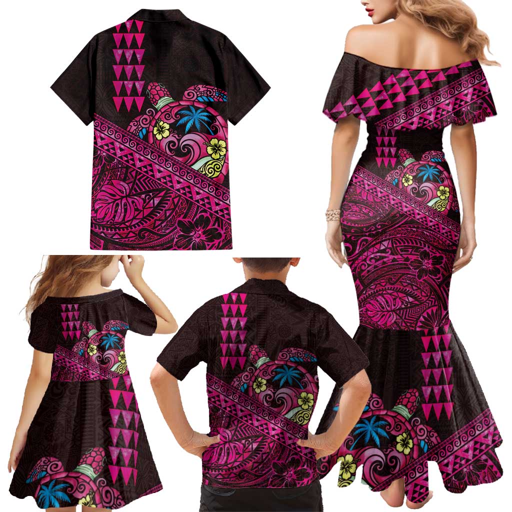 Hawaiian Abstract Sea Turtle Family Matching Mermaid Dress and Hawaiian Shirt Polynesian Tapa Art and Kakau Tattoo Pink WaterColor LT03 - Polynesian Pride