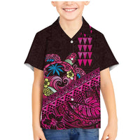 Hawaiian Abstract Sea Turtle Family Matching Mermaid Dress and Hawaiian Shirt Polynesian Tapa Art and Kakau Tattoo Pink WaterColor LT03 Son's Shirt Black - Polynesian Pride