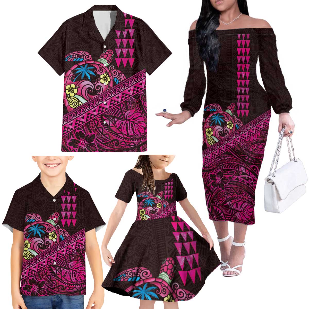 Hawaiian Abstract Sea Turtle Family Matching Off The Shoulder Long Sleeve Dress and Hawaiian Shirt Polynesian Tapa Art and Kakau Tattoo Pink WaterColor LT03 - Polynesian Pride