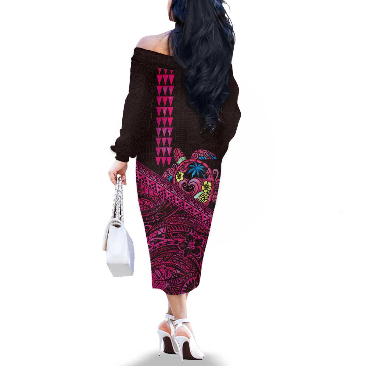 Hawaiian Abstract Sea Turtle Family Matching Off The Shoulder Long Sleeve Dress and Hawaiian Shirt Polynesian Tapa Art and Kakau Tattoo Pink WaterColor LT03 - Polynesian Pride