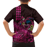 Hawaiian Abstract Sea Turtle Family Matching Off Shoulder Maxi Dress and Hawaiian Shirt Polynesian Tapa Art and Kakau Tattoo Pink WaterColor LT03 - Polynesian Pride