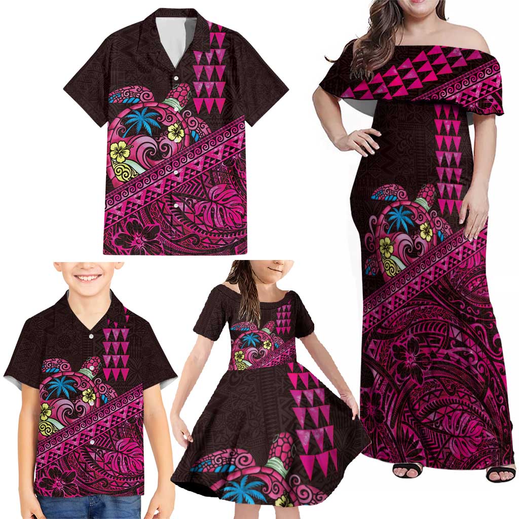 Hawaiian Abstract Sea Turtle Family Matching Off Shoulder Maxi Dress and Hawaiian Shirt Polynesian Tapa Art and Kakau Tattoo Pink WaterColor LT03 - Polynesian Pride