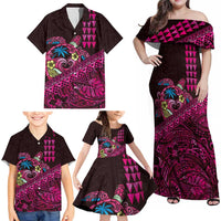 Hawaiian Abstract Sea Turtle Family Matching Off Shoulder Maxi Dress and Hawaiian Shirt Polynesian Tapa Art and Kakau Tattoo Pink WaterColor LT03 - Polynesian Pride