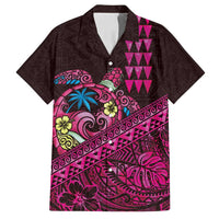 Hawaiian Abstract Sea Turtle Family Matching Off Shoulder Maxi Dress and Hawaiian Shirt Polynesian Tapa Art and Kakau Tattoo Pink WaterColor LT03 Dad's Shirt - Short Sleeve Black - Polynesian Pride