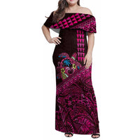 Hawaiian Abstract Sea Turtle Family Matching Off Shoulder Maxi Dress and Hawaiian Shirt Polynesian Tapa Art and Kakau Tattoo Pink WaterColor LT03 Mom's Dress Black - Polynesian Pride