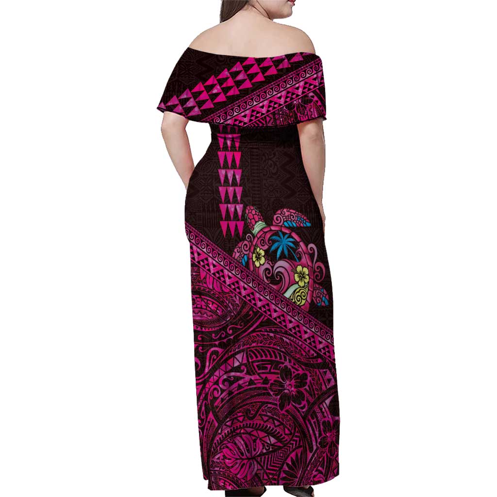 Hawaiian Abstract Sea Turtle Family Matching Off Shoulder Maxi Dress and Hawaiian Shirt Polynesian Tapa Art and Kakau Tattoo Pink WaterColor LT03 - Polynesian Pride