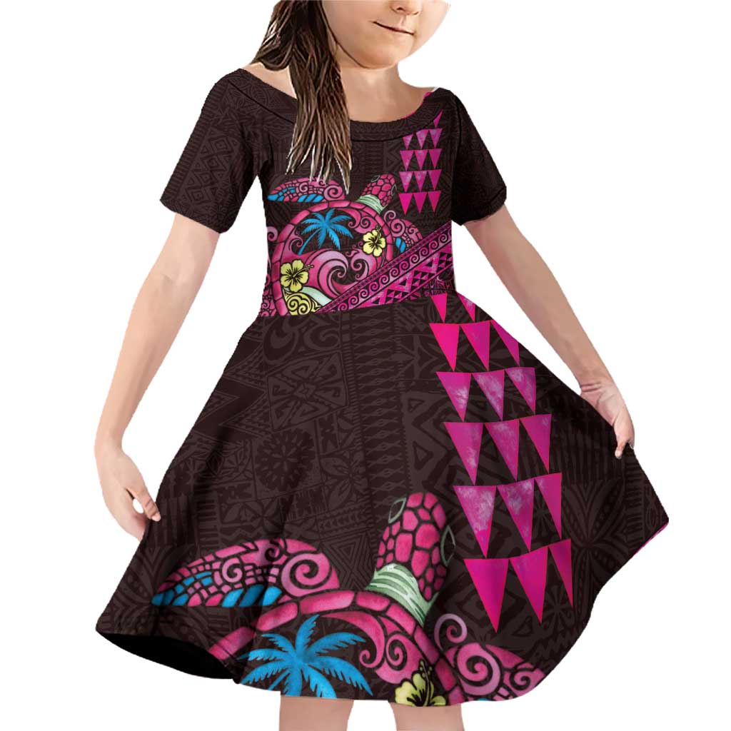 Hawaiian Abstract Sea Turtle Family Matching Off Shoulder Short Dress and Hawaiian Shirt Polynesian Tapa Art and Kakau Tattoo Pink WaterColor LT03 Daughter's Dress Black - Polynesian Pride